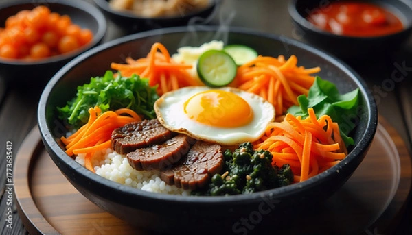 Fototapeta A beautifully presented traditional Korean Bibimbap served in a black stone bowl. The bowl is filled with perfectly arranged colorful ingredients — white rice at the base, topped with vibrant vegetabl