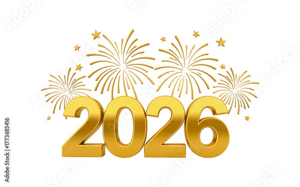 Fototapeta Golden new year fireworks and 2026 text on transparent background