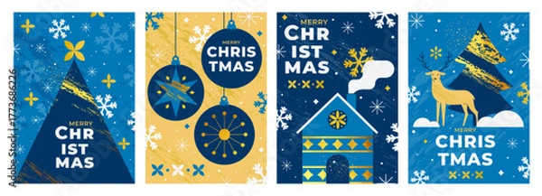 Fototapeta Stylish Christmas greeting cards in blue and gold color palette. Minimal geometric design with house, Christmas tree, snowflakes and ornaments. Perfect for holiday prints and digital cards. Vector