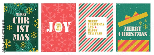 Fototapeta Set of Christmas and Happy New Year Floral Card templates. Christmas cards design with ornaments of branches, balls and ornaments. Modern minimal art poster, flyer, banner. Vector Illustration