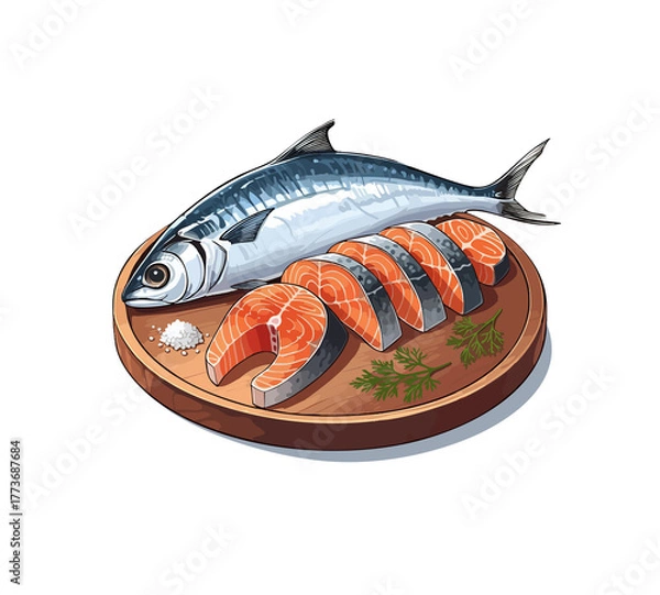 Fototapeta Culinary Composition: Freshly cut salmon with vibrant orange flesh is arranged artfully on a wooden board, accompanied by fresh herbs and a pinch of salt. capturing the delicious freshness 