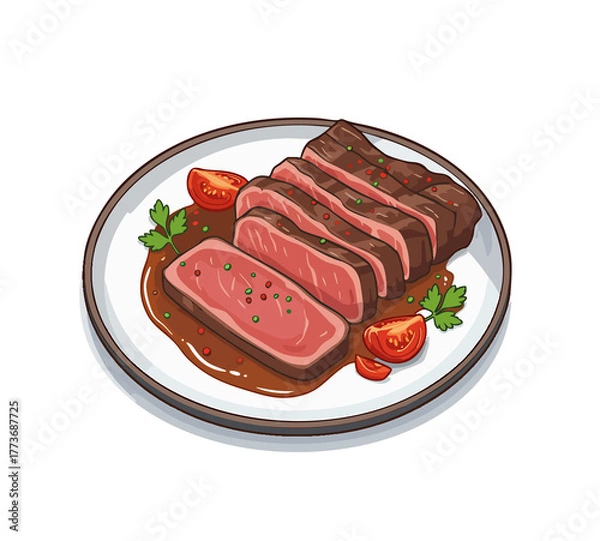 Fototapeta Savory Steak Platter: A mouthwatering display of expertly sliced steak, glistening with rich gravy, accompanied by vibrant cherry tomatoes and fresh herbs, arranged on an elegant plate.
