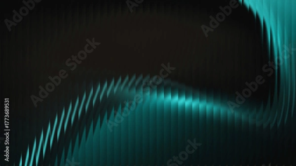 Fototapeta Deep teal wave folds with ribbed highlights on black background, cinematic abstract texture