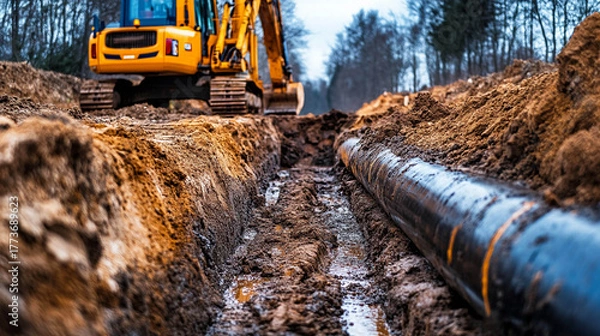 Obraz The process of laying a pipe in a wide trench using an excavator.
