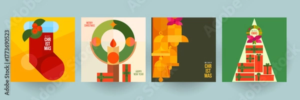 Obraz Set background for covers, invitations, posters, banners, flyers, placards. Minimal template design for branding, advertising with holiday christmas composition in mosaic style. Vector illustration.