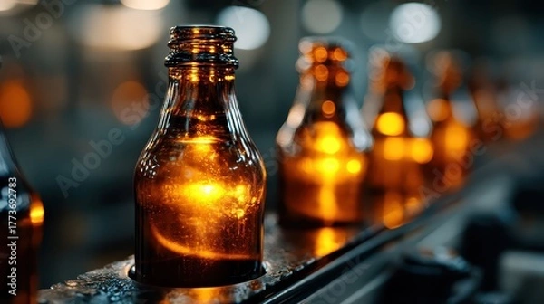 Fototapeta Amber Glass Bottles on an Industrial Conveyor Belt Under Shiny Manufacturing Lights with Blurred Background in a Production Facility