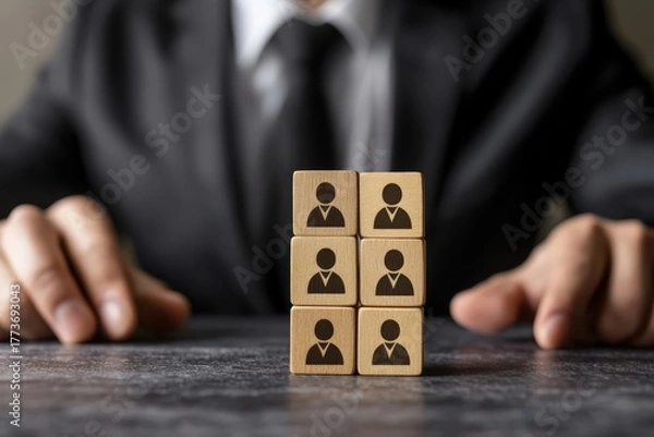 Fototapeta Business Professional and Team Representation: A sharp-dressed business professional arranges blocks with human icon representations, symbolizing team building and organizational structure.
