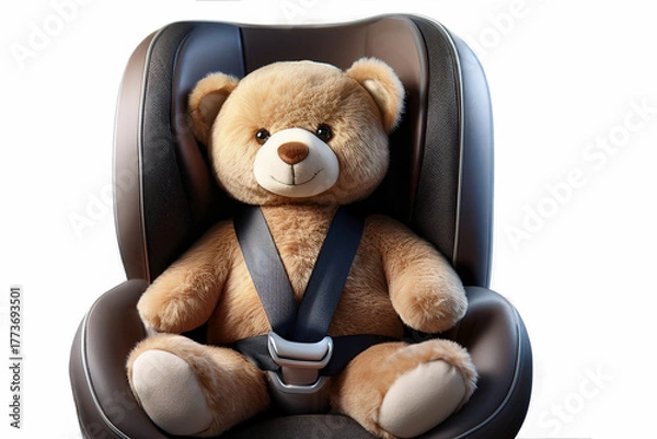 Obraz シートベルトをしてチャイルドシートに座るクマのぬいぐるみ