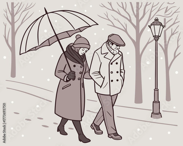 Obraz Couple walking in winter under umbrella