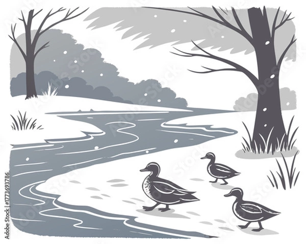 Obraz Ducks walking along a snowy riverbank on a cold winter day illustration