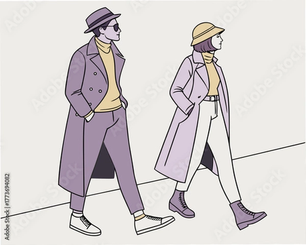 Obraz Stylish couple walking in coats and hats