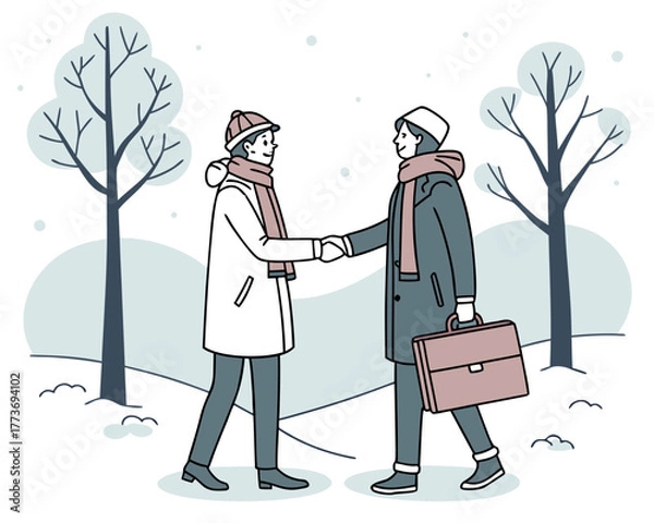 Obraz Two business partners shaking hands in a snowy winter landscape