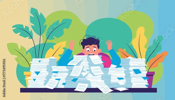 Fototapeta Businessman buried under piles of paper representing workload stress office burnout and deadlines