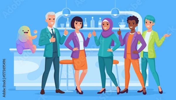 Obraz Diverse business team giving thumbs up with a friendly mascot symbolizing success and positive teamwork