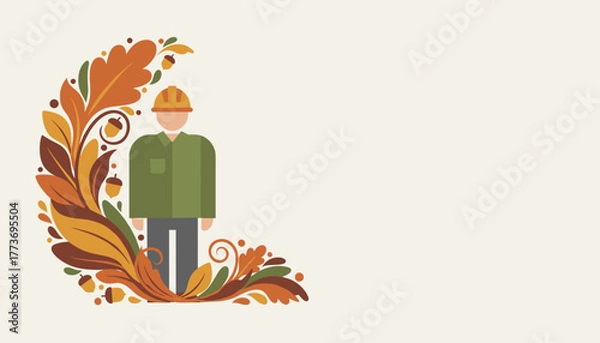 Fototapeta Flat design illustration of an industrial worker framed by ornate autumnal leaves and acorns Copy space