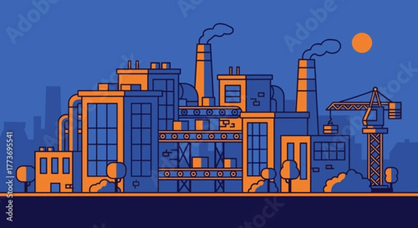 Fototapeta Flat vector illustration of an industrial zone Factory buildings crane and production concept
