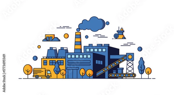 Obraz Flat design illustration of a modern industrial factory complex manufacturing and logistics