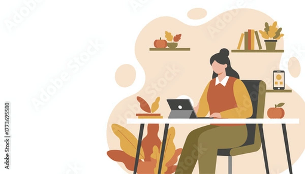 Fototapeta Remote worker using tablet in a cozy autumnthemed home office illustration