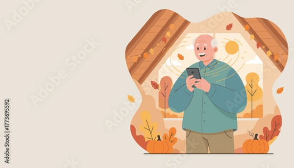 Obraz Elderly man smiles while using a smartphone in a cozy autumn attic setting Digital lifestyle concept