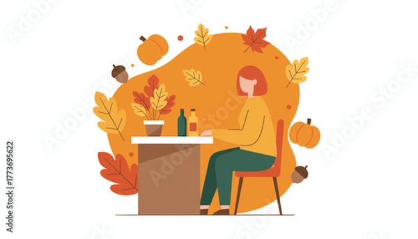 Fototapeta Woman enjoying a cozy autumn moment at table surrounded by fall harvest elements