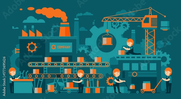 Fototapeta Industrial production line with workers machinery and logistics in a modern factory illustration