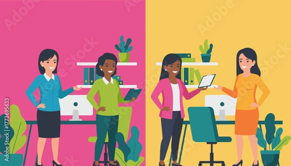 Fototapeta Diverse businesswomen collaborating and working in a modern vibrant office setting illustration