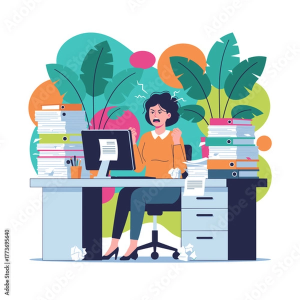 Obraz Overwhelmed employee shouting at computer buried in paperwork stress and heavy workload concept