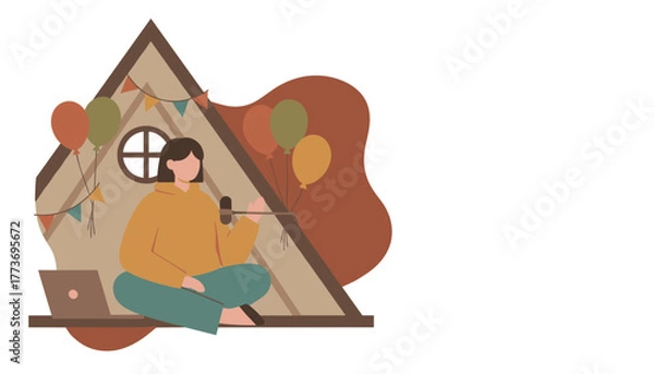 Obraz Remote worker recording a podcast in a cozy decorated Aframe tent