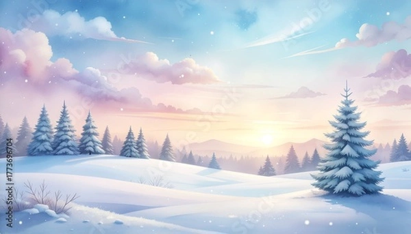 Fototapeta Winter christmas background illustration with trees, mountain and snow