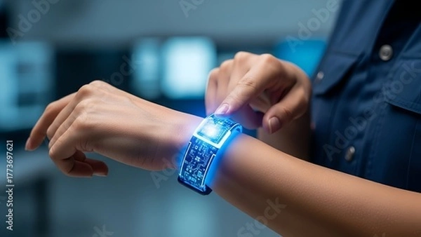 Fototapeta A person interacting with a futuristic, glowing, flexible smart wrist device in a modern setting