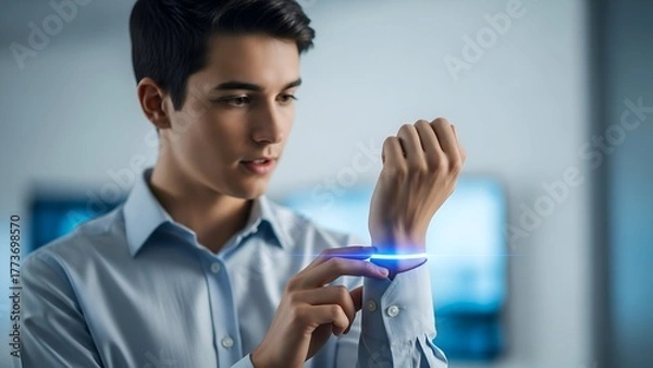 Fototapeta Young man interacts with futuristic device on his wrist with a glowing blue line