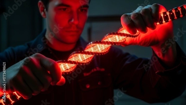Fototapeta A man examines a futuristic, glowing, twisted coil, lit with red light in a workshop