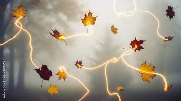 Fototapeta Artistic shot of autumn leaves connected by glowing energy lines with a misty forest background