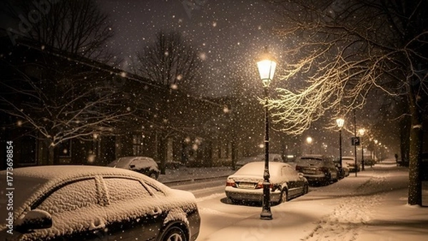 Fototapeta A snowy street scene at night, illuminated by lampposts, cars parked covered in snow