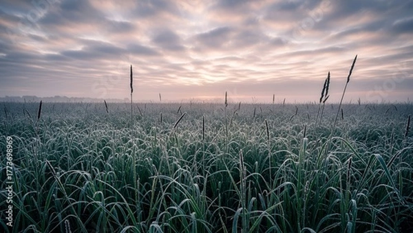 Fototapeta Frost-covered field at dawn with tall grass under a cloudy sky, early morning light