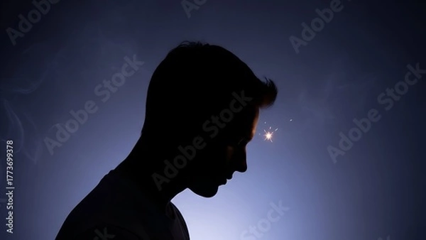 Obraz Silhouette of a pensive person with a spark emanating from their forehead against a gradient background