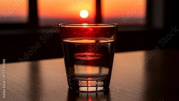 Fototapeta A glass of water sits on a wooden surface, with a sunset through a window in the background