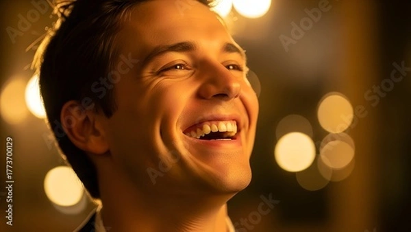 Fototapeta Joyful young man smiles, lit warmly. Focused face, open mouth, soft bokeh background
