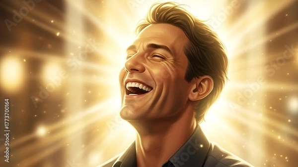 Fototapeta Digital illustration of a laughing man radiating light with closed eyes