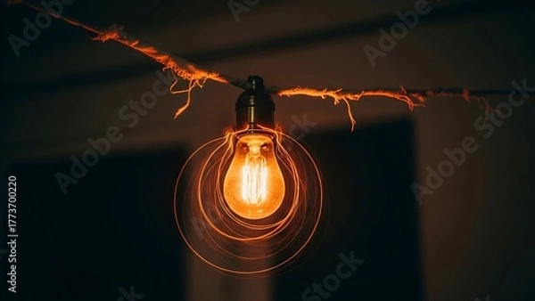 Fototapeta Close-up of a decorative glowing bulb. Circular light effect, soft focus, hanging in a dark space