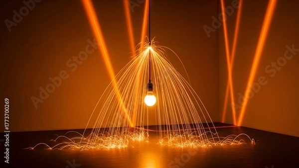 Fototapeta Lit lightbulb with fireworks-like sparks, orange beams in corner