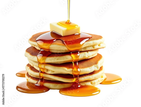 Fototapeta Stack of fluffy pancakes with melting butter and syrup isolated on black background isolated on white background isolated on transparent background