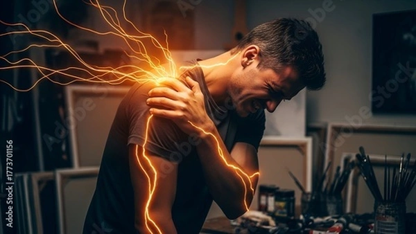 Fototapeta Man experiencing severe shoulder pain, visualized by glowing energy emanating from the injured area