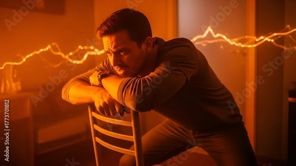 Fototapeta Man sits on a chair, leans on it, looks concerned, lightning effect, dramatic lighting