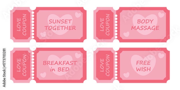 Fototapeta Set of love coupons for a romantic date and mood. Love coupons for a boyfriend or girlfriend