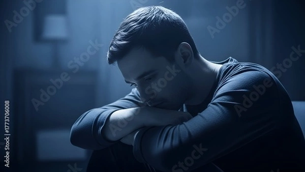 Fototapeta A shadowed figure of a man in deep thought, possibly dealing with emotional distress