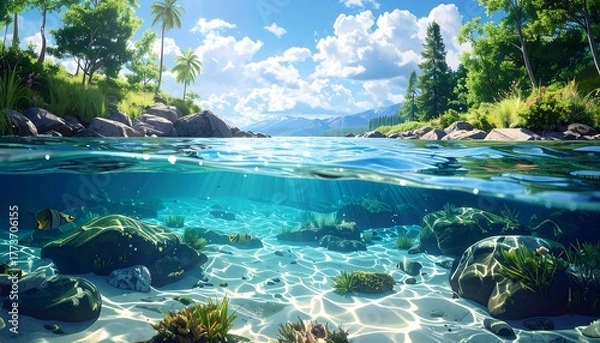 Fototapeta Half under/over water view of a sunny tropical beach with lush greenery and rocky shores