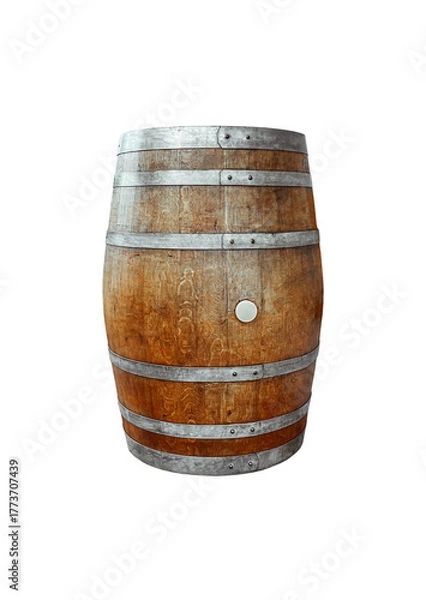 Obraz Traditional wooden barrel with metal bands and bung hole, ideal for storing wine, whiskey, or spirits. Isolated on white background