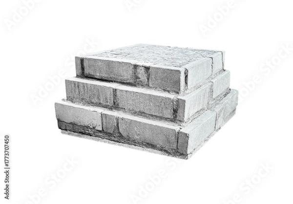 Obraz A stepped, square podium or platform made of aged concrete or stone blocks. Features a rough, gray texture, isolated on a white background for display, product placement, or historical concepts