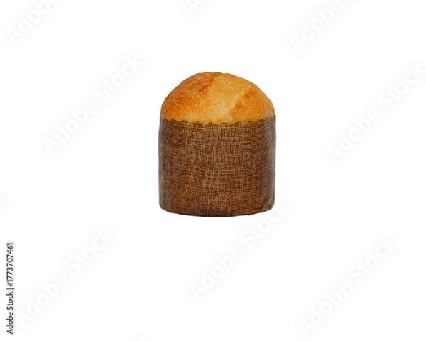 Obraz A single, tall, Italian Panettone Christmas cake, wrapped in its traditional paper liner. Perfectly isolated on a white background with reflection for holiday or food concepts